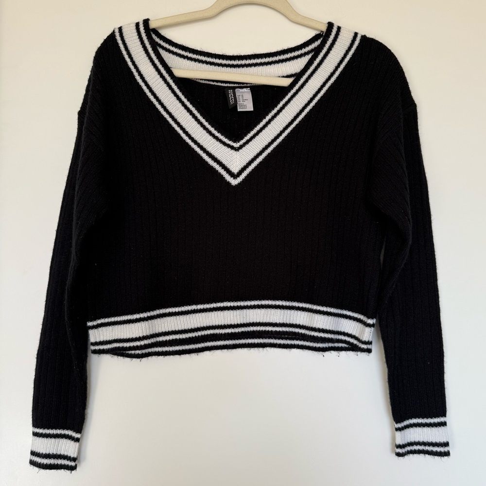 V-Neck Cropped Varsity Sweater